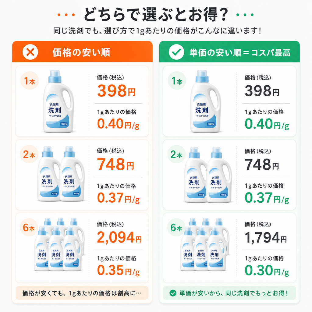 本体・詰め替え・まとめ買いで1gあたり単価が変わる比較例